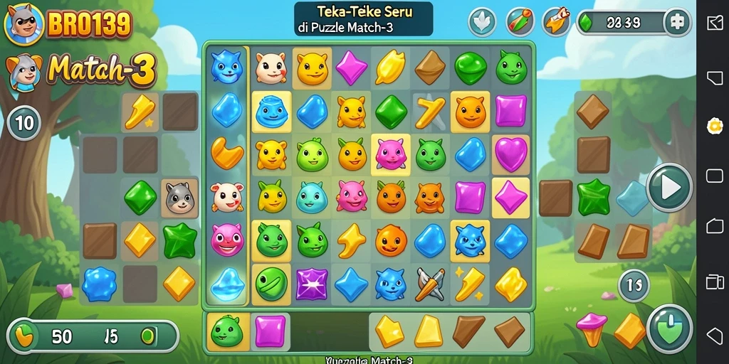Antarmuka game Puzzle Match-3 dengan grafis cerah dan menarik.