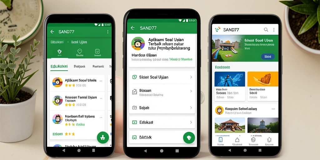 Tampilan antarmuka aplikasi Soal Ujian SAND77 yang interaktif dan informatif.